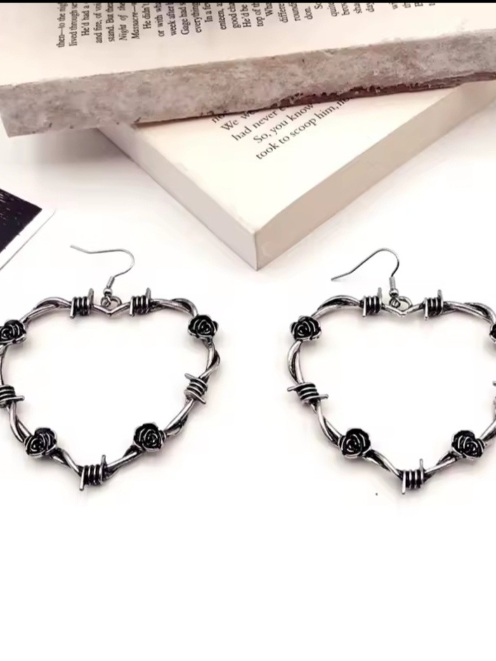 Silver Heart Hoop Rose And Barbed Wire Earrings - Women Jewelry